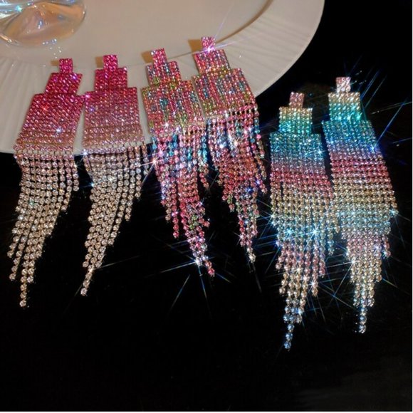 🍏50% OFF/3+...Colorful Rhinestone Tassel Earrings (Pink Ombré) - Picture 5 of 5